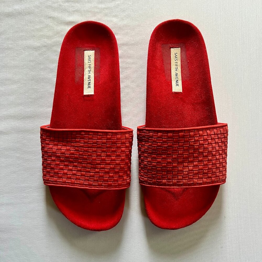 Saks 5th Avenue Tomato Red Basketweave Slides